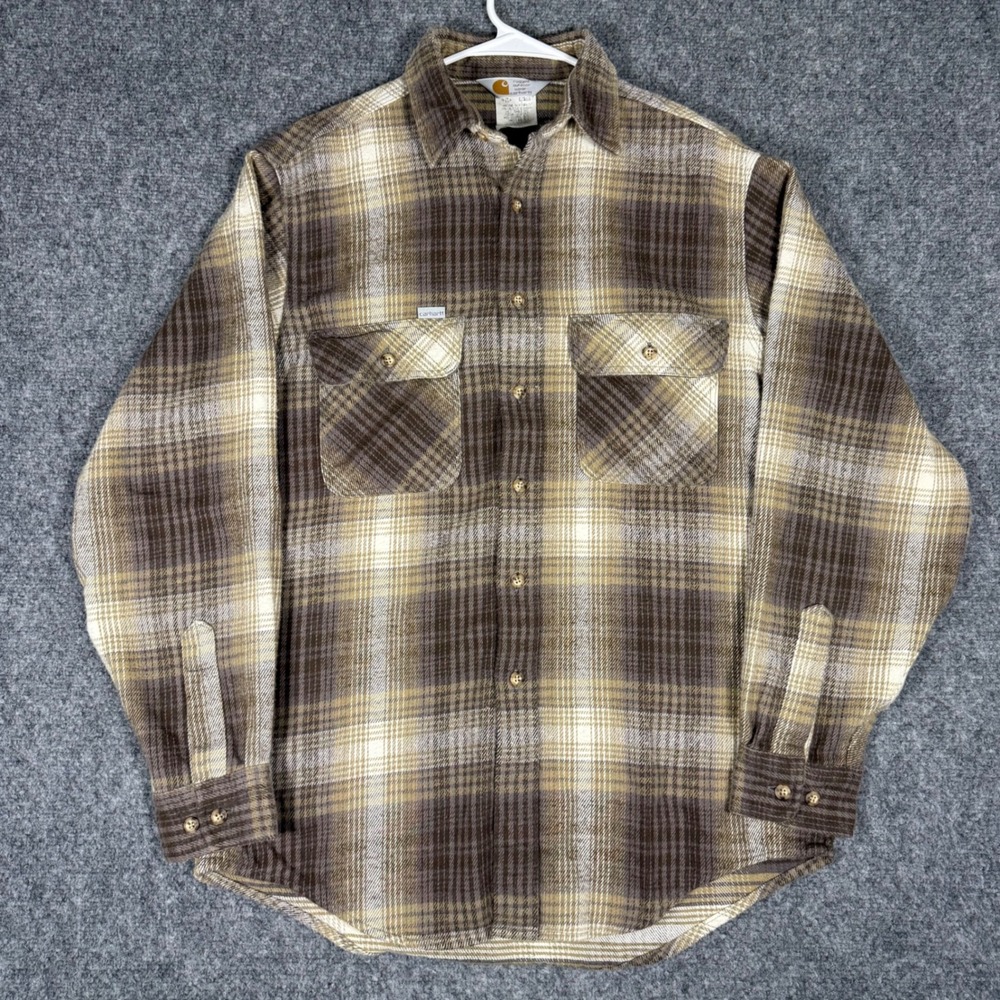 Vintage Carhartt Rugged wear Made in USA Flannel Shirt Men‎ Medium Brown Plaid